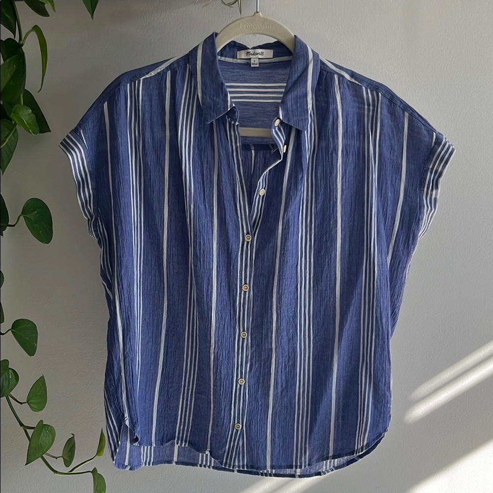 Madewell Blue Linen Striped Collared Shirt